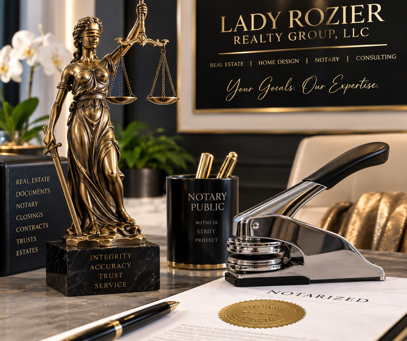 Lady Justice and professional notary services